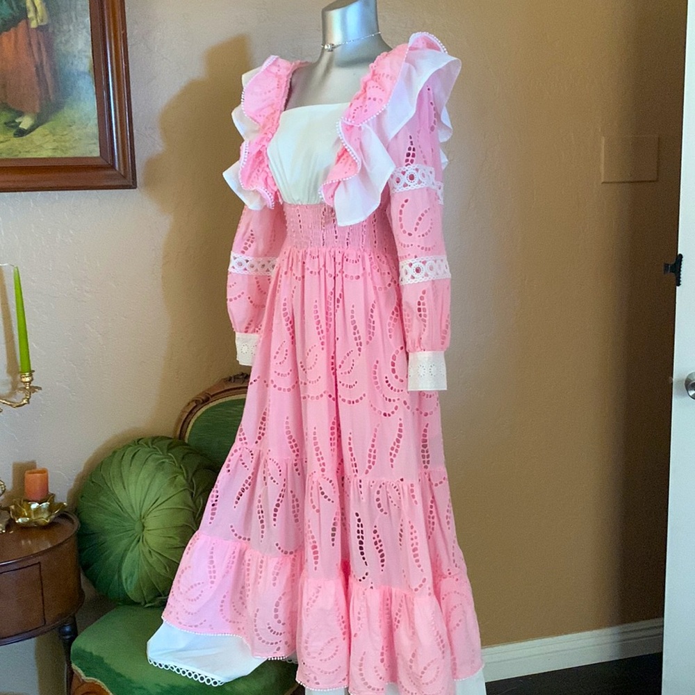 Beulah Pink and White Ruffled Midi Dress